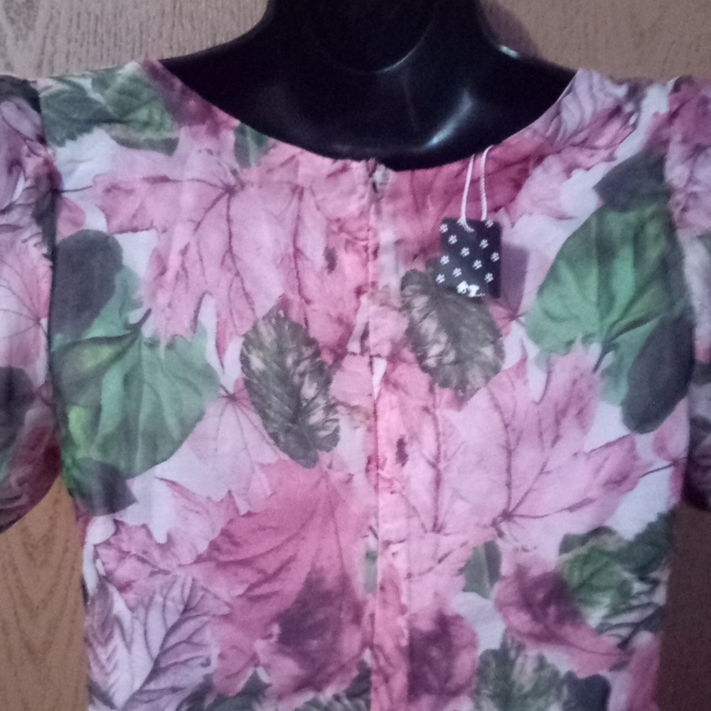 Floral Puff Sleeve‎ Mini Dress Pink Green Sweetheart Neck Ruffle Hem Tiered L - Picture 9 of 10